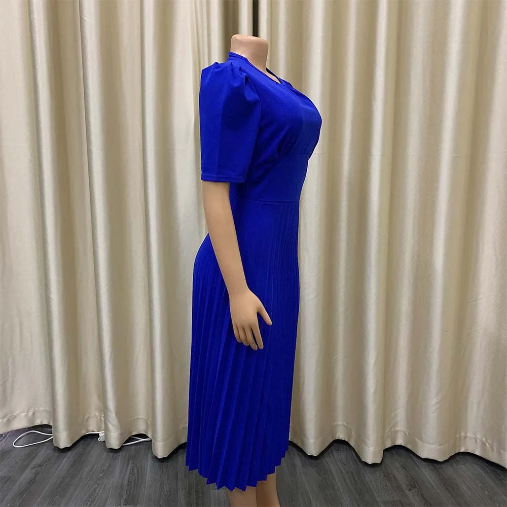 Elegant Office Ladies Dresses Pleated O Neck Short Sleeve High Waisted Mid Calf Formal Business Work Dress Midi Cloth Vestidos