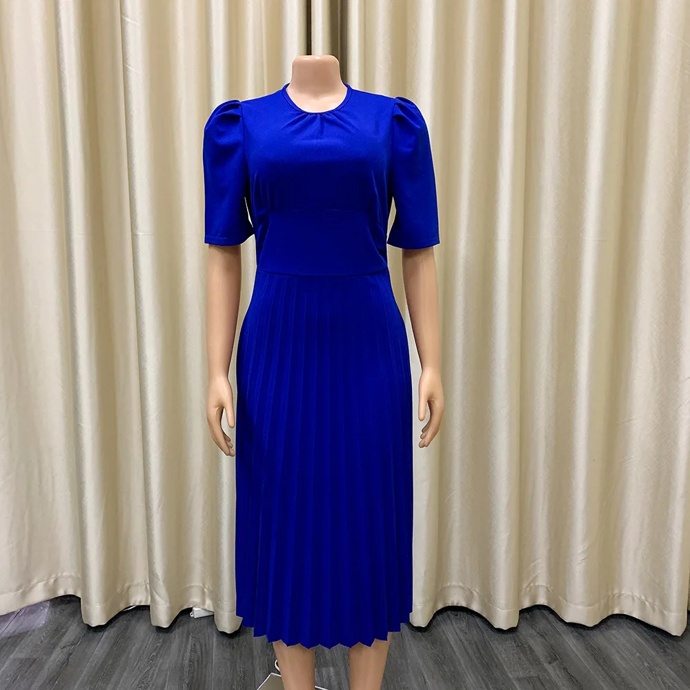 Elegant Office Ladies Dresses Pleated O Neck Short Sleeve High Waisted Mid Calf Formal Business Work Dress Midi Cloth Vestidos