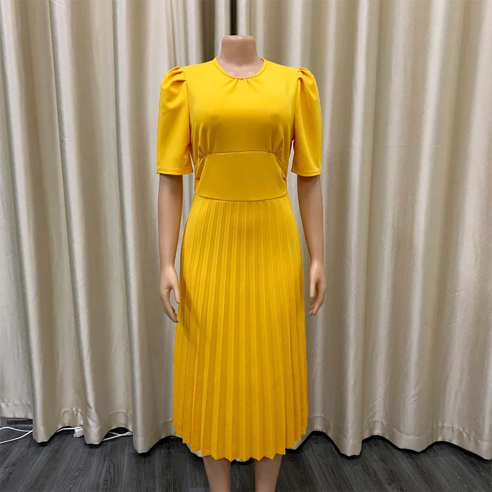 Elegant Office Ladies Dresses Pleated O Neck Short Sleeve High Waisted Mid Calf Formal Business Work Dress Midi Cloth Vestidos