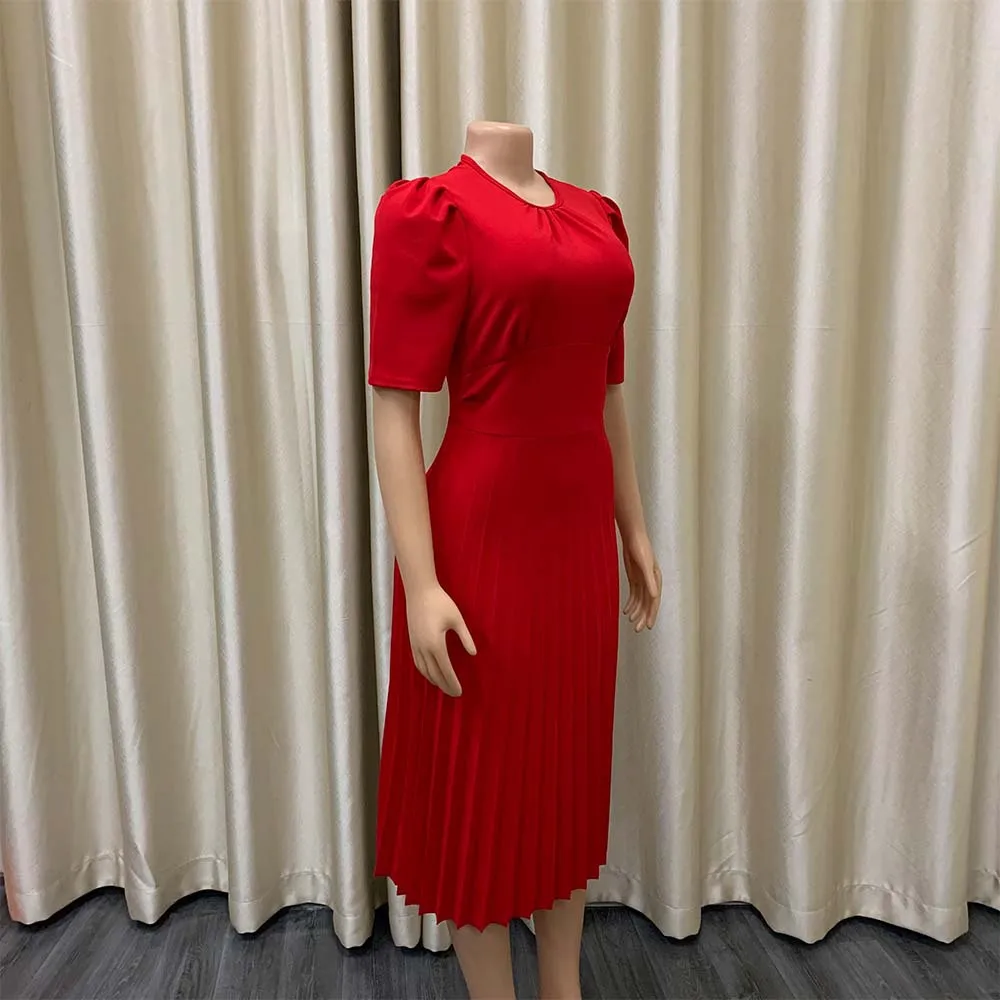Elegant Office Ladies Dresses Pleated O Neck Short Sleeve High Waisted Mid Calf Formal Business Work Dress Midi Cloth Vestidos