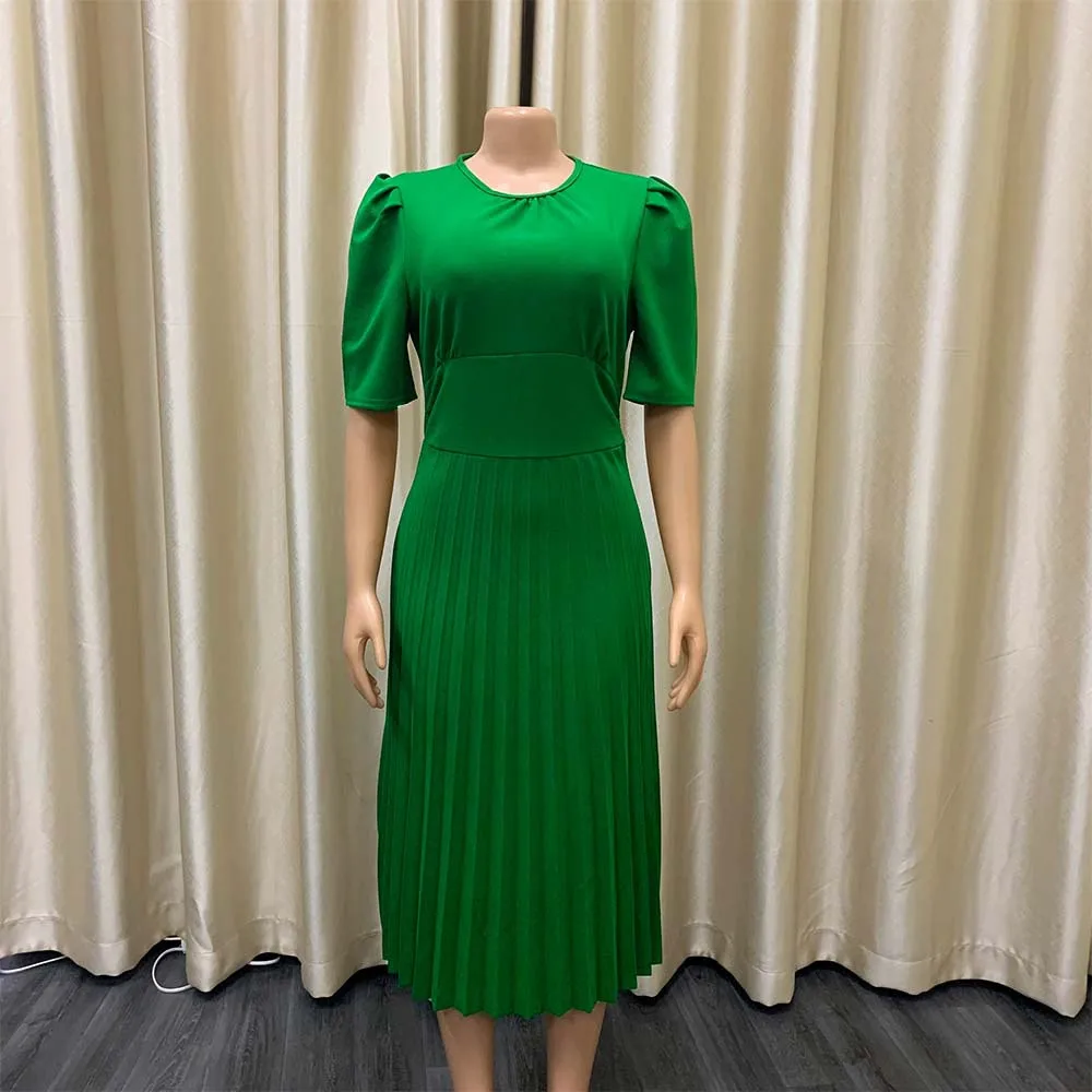Elegant Office Ladies Dresses Pleated O Neck Short Sleeve High Waisted Mid Calf Formal Business Work Dress Midi Cloth Vestidos