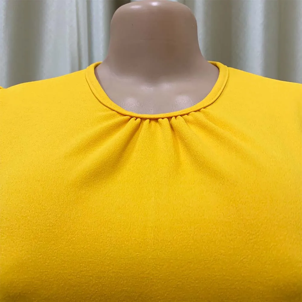 Elegant Office Ladies Dresses Pleated O Neck Short Sleeve High Waisted Mid Calf Formal Business Work Dress Midi Cloth Vestidos