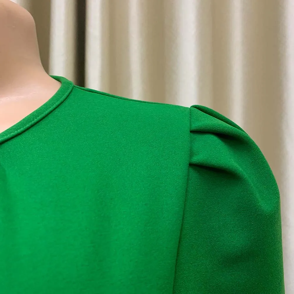 Elegant Office Ladies Dresses Pleated O Neck Short Sleeve High Waisted Mid Calf Formal Business Work Dress Midi Cloth Vestidos
