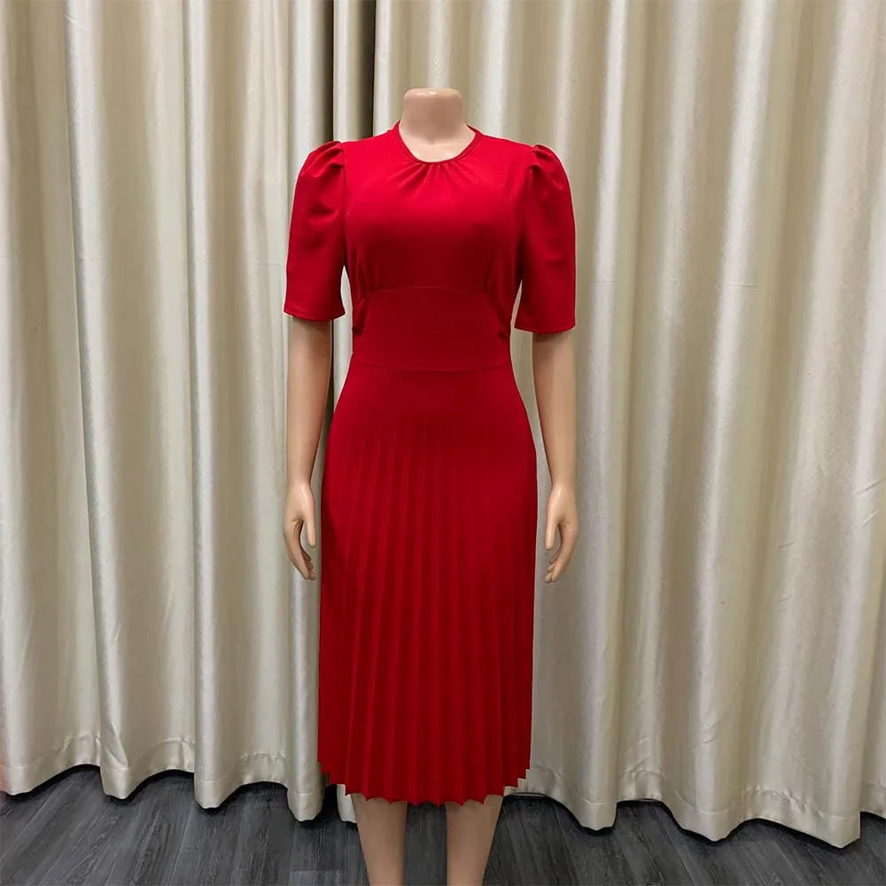 Elegant Office Ladies Dresses Pleated O Neck Short Sleeve High Waisted Mid Calf Formal Business Work Dress Midi Cloth Vestidos