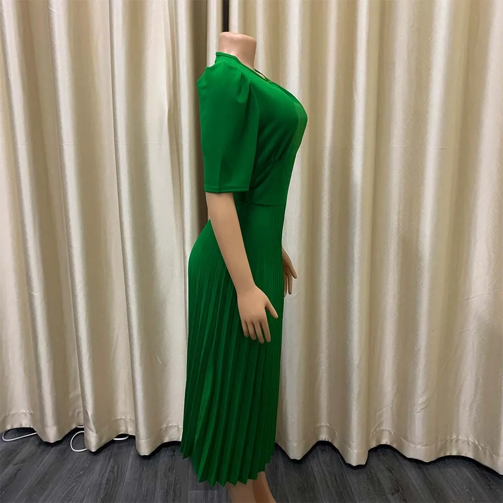 Elegant Office Ladies Dresses Pleated O Neck Short Sleeve High Waisted Mid Calf Formal Business Work Dress Midi Cloth Vestidos