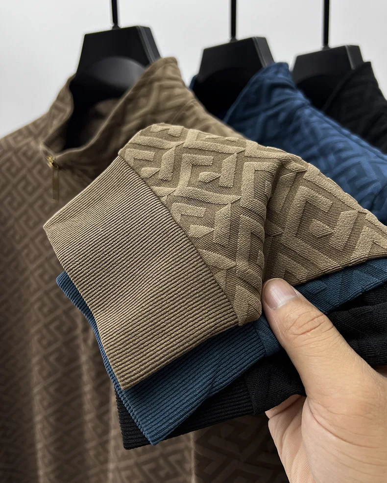 High end brand fashion jacquard sweater men's casual 2023spring and autumn new trend Korean half zipper standing collar pullover