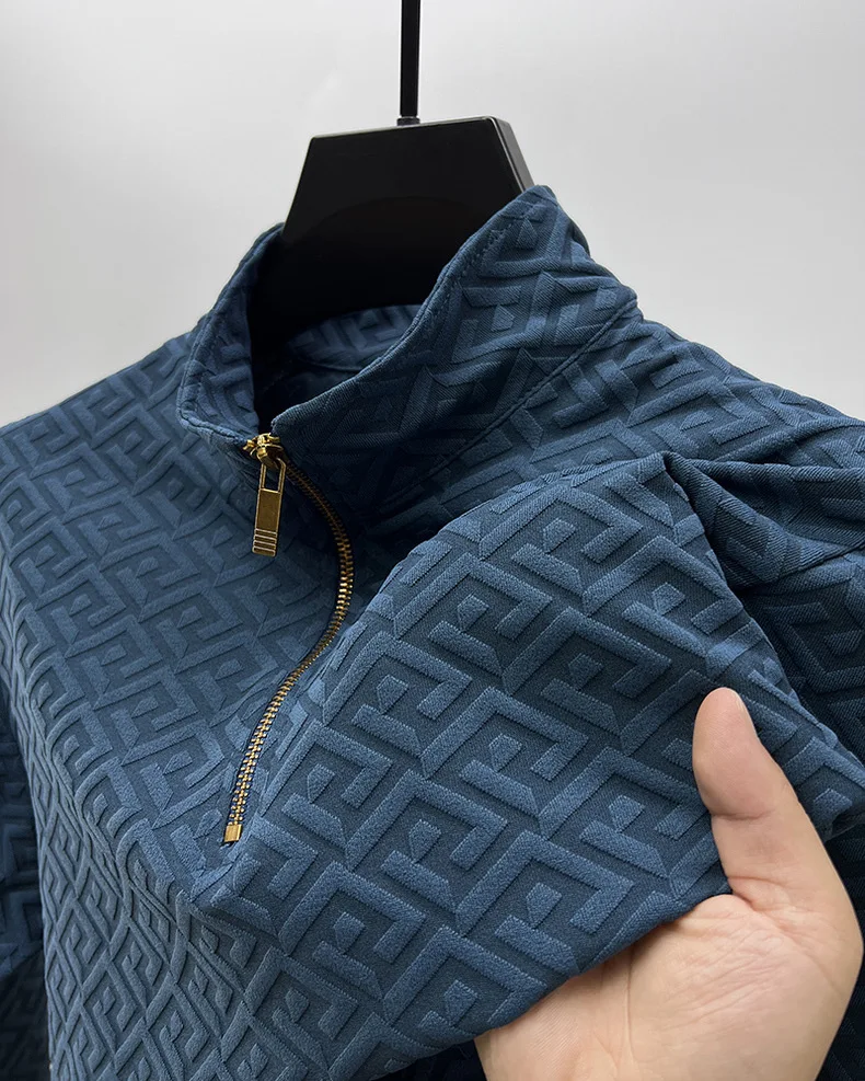High end brand fashion jacquard sweater men's casual 2023spring and autumn new trend Korean half zipper standing collar pullover