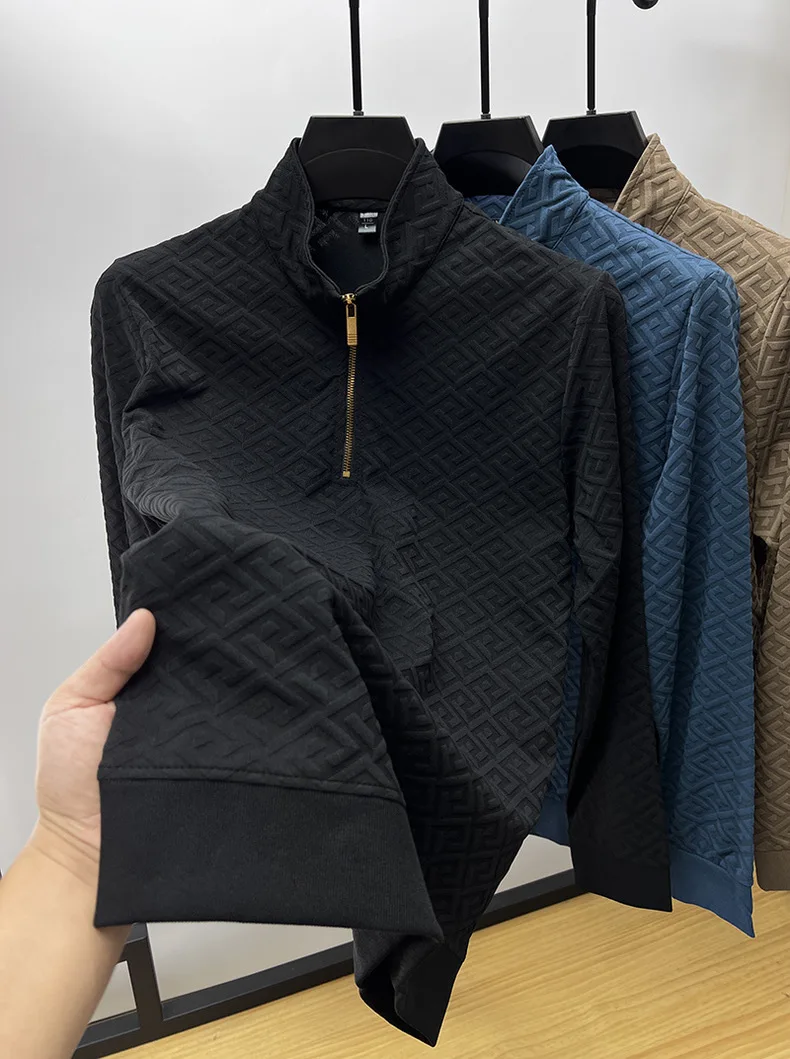 High end brand fashion jacquard sweater men's casual 2023spring and autumn new trend Korean half zipper standing collar pullover