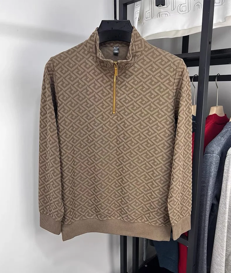 High end brand fashion jacquard sweater men's casual 2023spring and autumn new trend Korean half zipper standing collar pullover