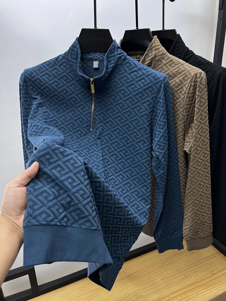 High end brand fashion jacquard sweater men's casual 2023spring and autumn new trend Korean half zipper standing collar pullover