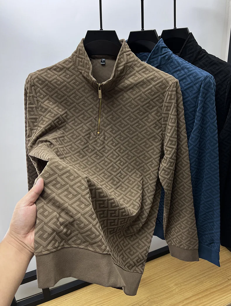 High end brand fashion jacquard sweater men's casual 2023spring and autumn new trend Korean half zipper standing collar pullover