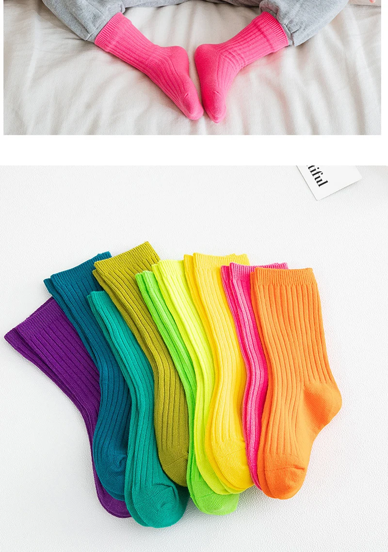 3Pairs/Lot 2024 Spring Summer Children's Candy Color Socks Korean Japanese Style Kids Boys Girls Double Needle Mid-Tube Socks