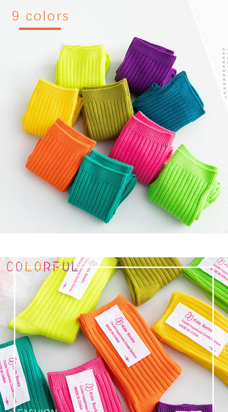 3Pairs/Lot 2024 Spring Summer Children's Candy Color Socks Korean Japanese Style Kids Boys Girls Double Needle Mid-Tube Socks