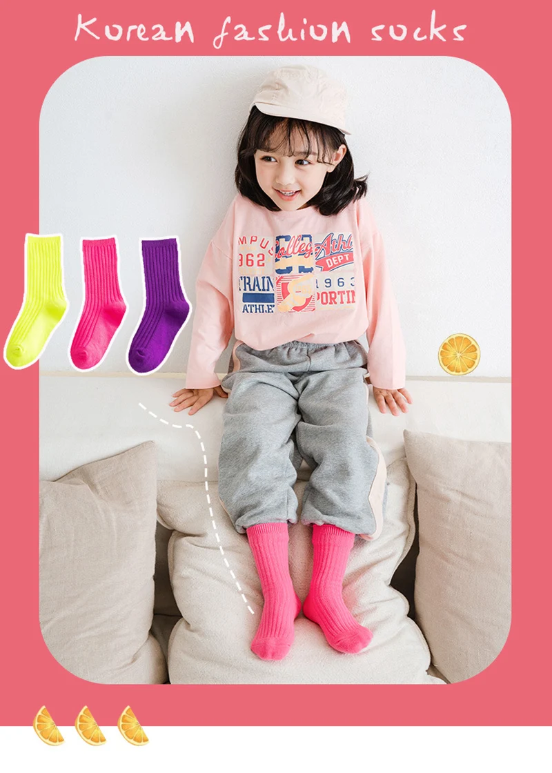3Pairs/Lot 2024 Spring Summer Children's Candy Color Socks Korean Japanese Style Kids Boys Girls Double Needle Mid-Tube Socks