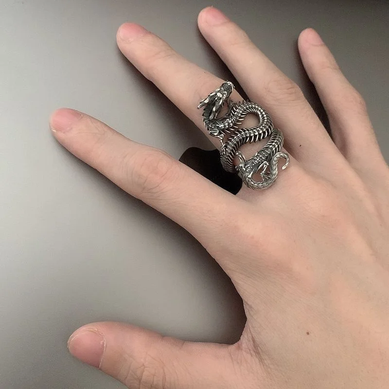 Vintage Three-dimensional Relief Animal Pattern Ring  For Men Jewelry Trendy s925 Ring Male Zodiac Dragon Finger Accessories