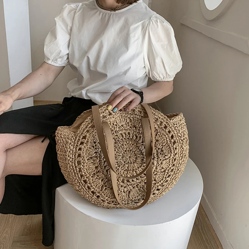 Summer Round Straw Bags for Women Rattan Shoulder Bag Travel Handmade Woven Beach Handbags Female Large Capacity Totes Bag