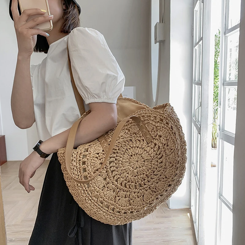 Summer Round Straw Bags for Women Rattan Shoulder Bag Travel Handmade Woven Beach Handbags Female Large Capacity Totes Bag