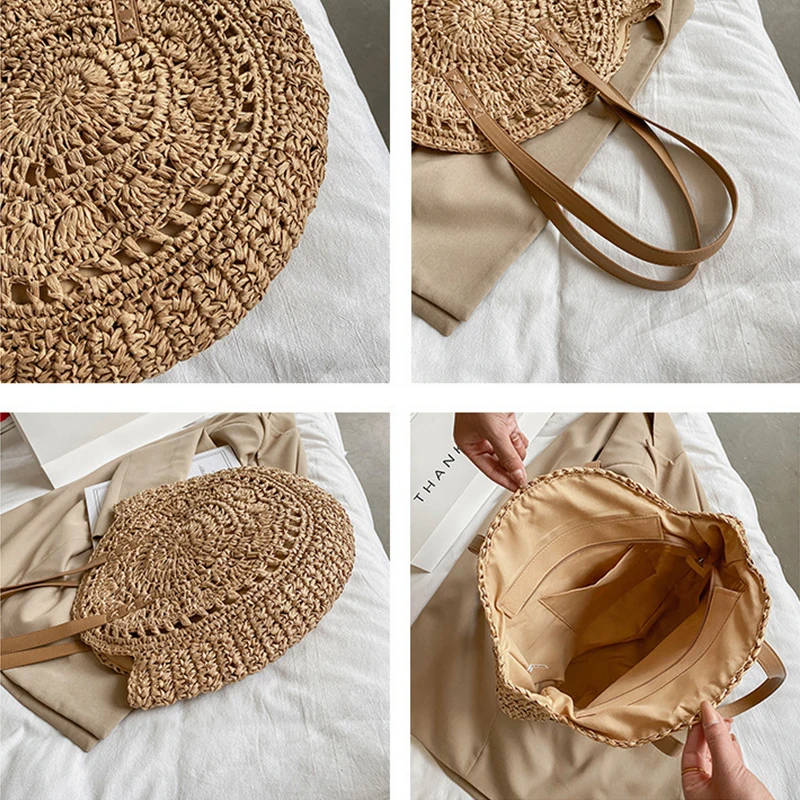 Summer Round Straw Bags for Women Rattan Shoulder Bag Travel Handmade Woven Beach Handbags Female Large Capacity Totes Bag