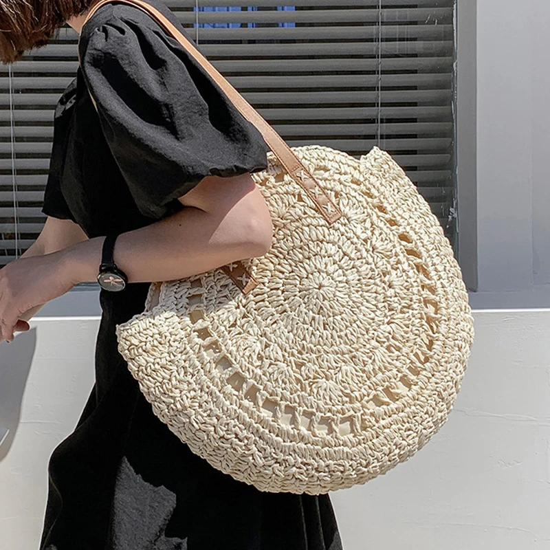 Summer Round Straw Bags for Women Rattan Shoulder Bag Travel Handmade Woven Beach Handbags Female Large Capacity Totes Bag