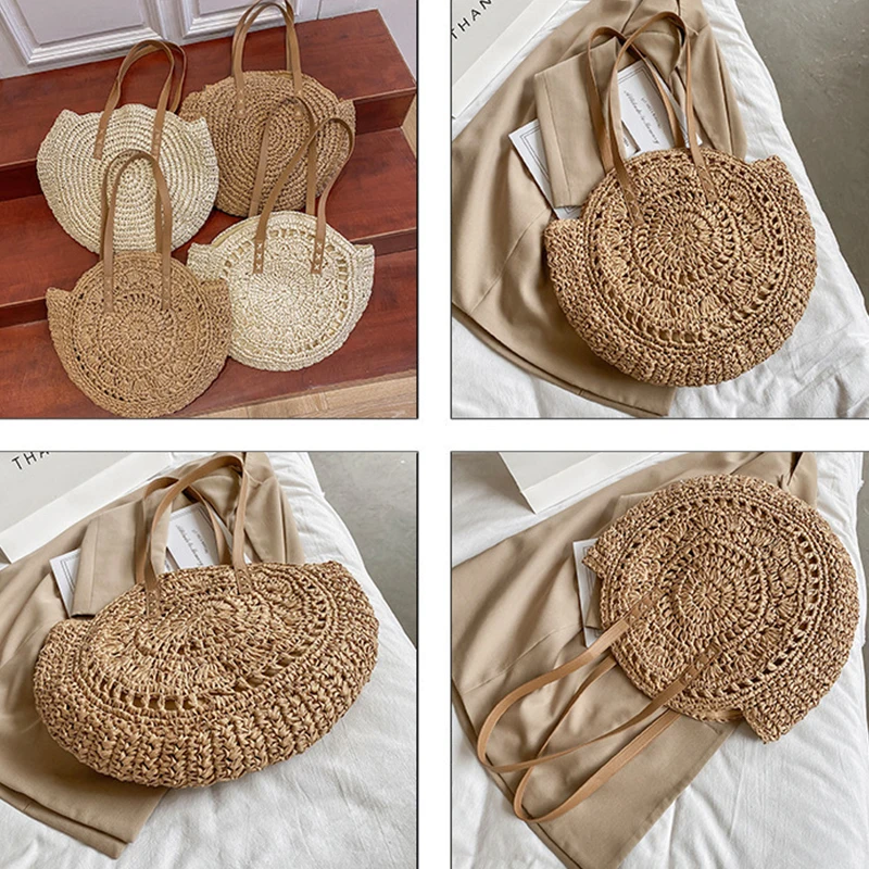 Summer Round Straw Bags for Women Rattan Shoulder Bag Travel Handmade Woven Beach Handbags Female Large Capacity Totes Bag
