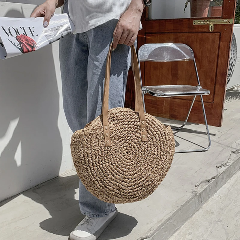 Summer Round Straw Bags for Women Rattan Shoulder Bag Travel Handmade Woven Beach Handbags Female Large Capacity Totes Bag