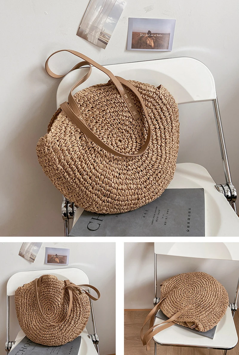 Summer Round Straw Bags for Women Rattan Shoulder Bag Travel Handmade Woven Beach Handbags Female Large Capacity Totes Bag