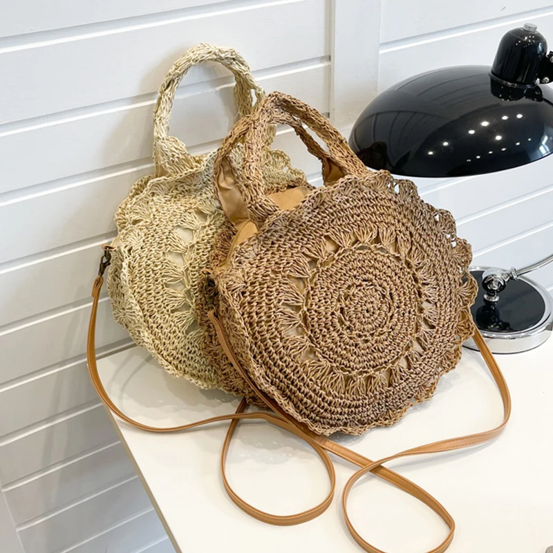 Summer Round Straw Bag Women Woven Rattan Beach Bag Hot New Shoulder Bag Circle Hollow Out Handle Bag Casual Shopper Tote Pouch