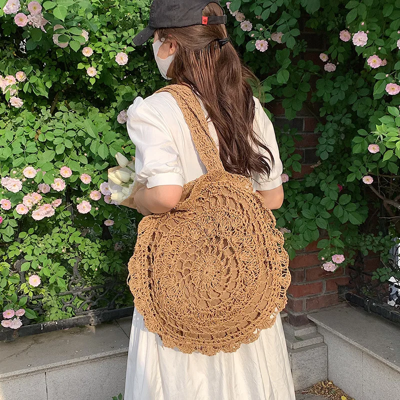 Summer Round Straw Bag Women Woven Rattan Beach Bag Hot New Shoulder Bag Circle Hollow Out Handle Bag Casual Shopper Tote Pouch