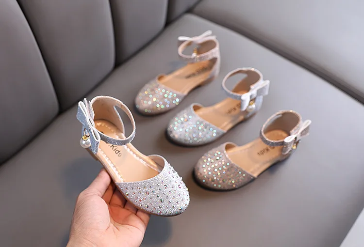 Elegant Girl Leather Shoes Sweet Fashion Bowknot Kids Causal Flat Sandals Korean Style Rhinestone Children Princess Single Shoes