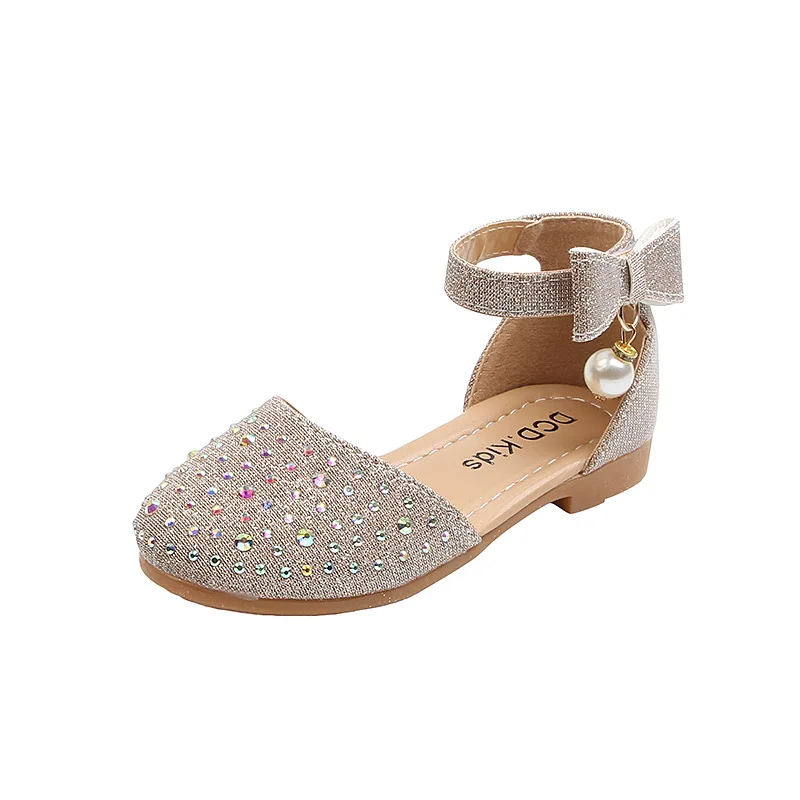 Elegant Girl Leather Shoes Sweet Fashion Bowknot Kids Causal Flat Sandals Korean Style Rhinestone Children Princess Single Shoes