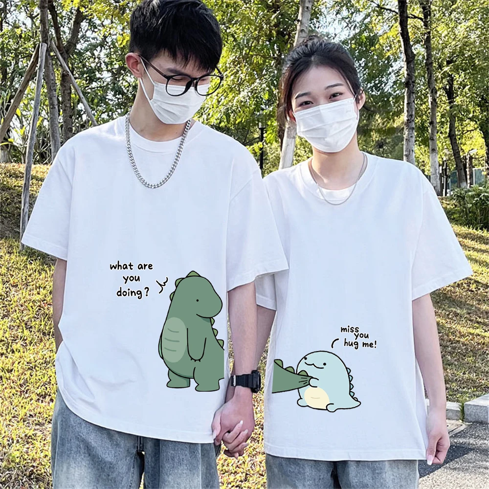 T-Shirt Paired with Dinosaur Double T-Shirt, Summer High-Quality Pure Cotton Casual Top, Couple Style Short-Sleeved T-Shirt