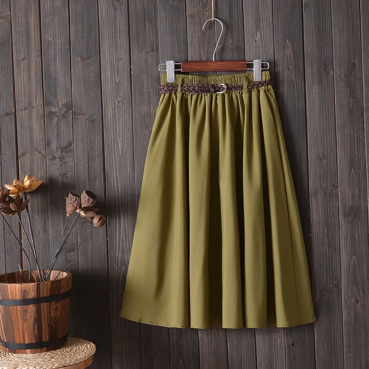 Midi Knee Length Summer Skirt Women With Belt 2019 Fashion Korean Ladies High Waist Pleated A-line School Skirt Female