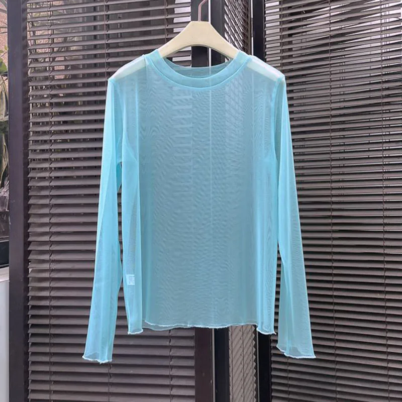 Xpqbb Women Transparent Mesh T Shirt Candy Colors Thin Basic Sheer Blouses Woman Summer See-Through Black Long Sleeve Tees Tops