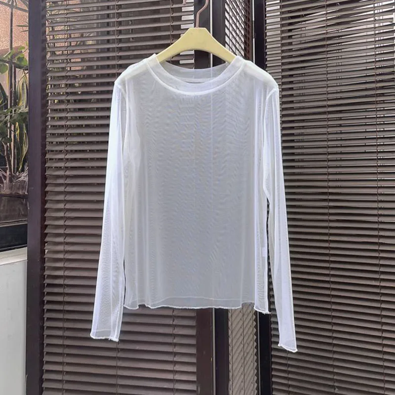 Xpqbb Women Transparent Mesh T Shirt Candy Colors Thin Basic Sheer Blouses Woman Summer See-Through Black Long Sleeve Tees Tops