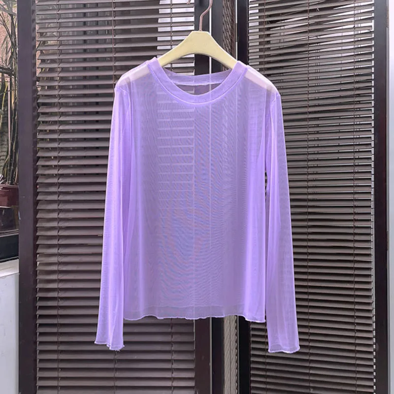 Xpqbb Women Transparent Mesh T Shirt Candy Colors Thin Basic Sheer Blouses Woman Summer See-Through Black Long Sleeve Tees Tops