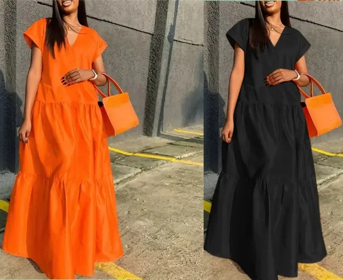 2024 Autumn Women's Large Size Loose Elegant Women's Dress V-Neck Temperament Gathering Women's Gown Sexy Holiday Dress