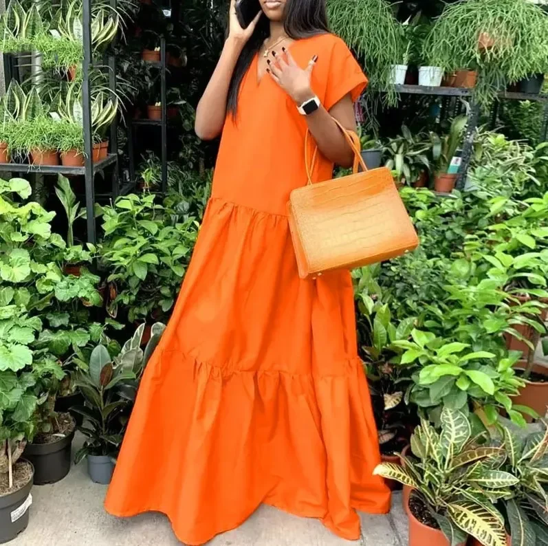 2024 Autumn Women's Large Size Loose Elegant Women's Dress V-Neck Temperament Gathering Women's Gown Sexy Holiday Dress