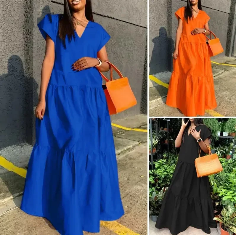 2024 Autumn Women's Large Size Loose Elegant Women's Dress V-Neck Temperament Gathering Women's Gown Sexy Holiday Dress