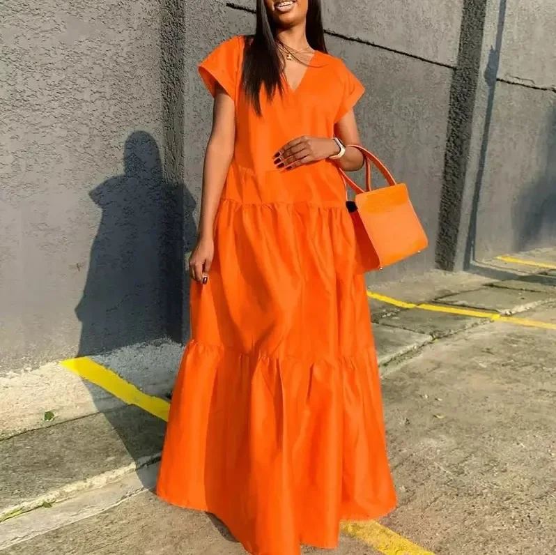 2024 Autumn Women's Large Size Loose Elegant Women's Dress V-Neck Temperament Gathering Women's Gown Sexy Holiday Dress