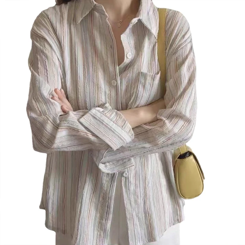 Vintage Office Lady Striped Shirt Spring Pocket Turn Down Collar Tops Korean Style Loose Long Sleeve Blouse Casual Women Clothes