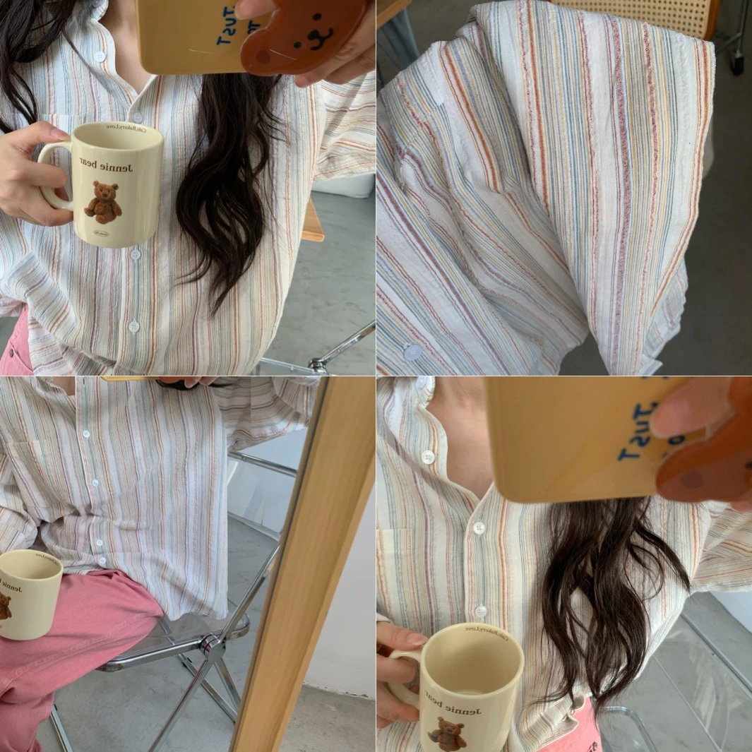 Vintage Office Lady Striped Shirt Spring Pocket Turn Down Collar Tops Korean Style Loose Long Sleeve Blouse Casual Women Clothes