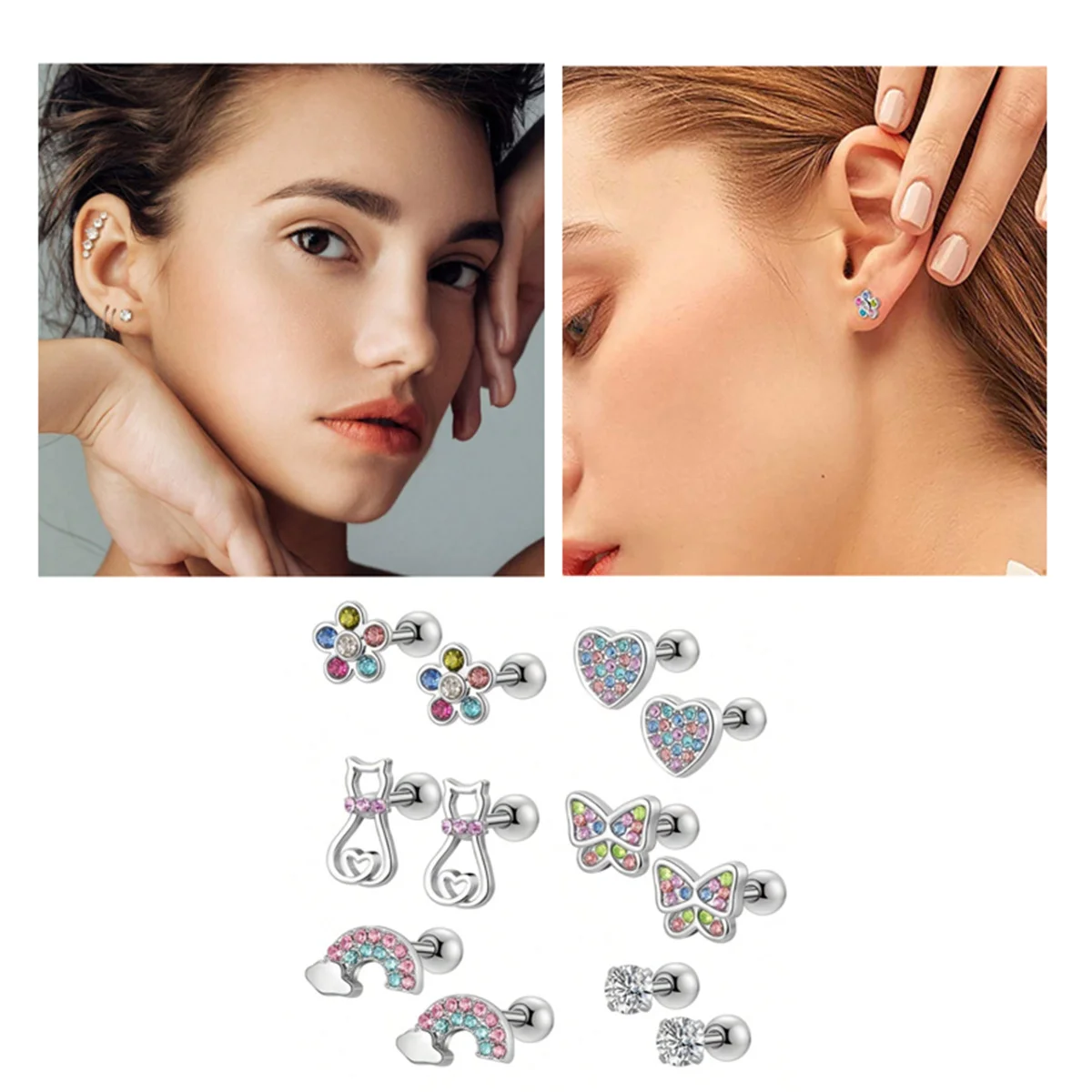 EVISPOL 2-12pcs 316L Stainless Steel Screw Back Stud Earrings Butterfly Heart Flower Cartilage Dath Earrings Piercing Jewelry