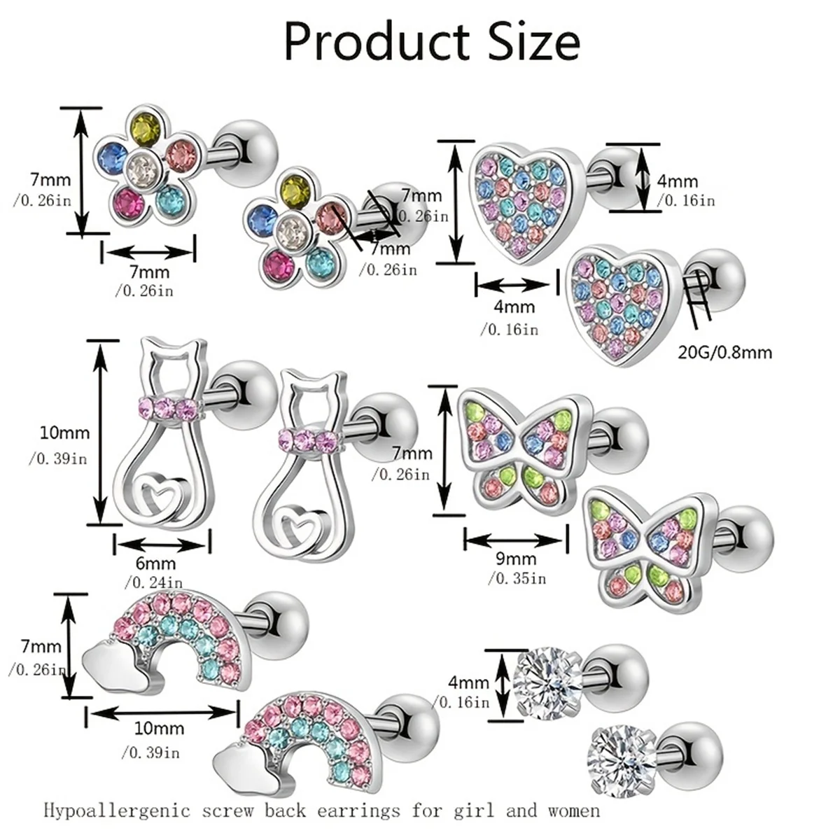 EVISPOL 2-12pcs 316L Stainless Steel Screw Back Stud Earrings Butterfly Heart Flower Cartilage Dath Earrings Piercing Jewelry