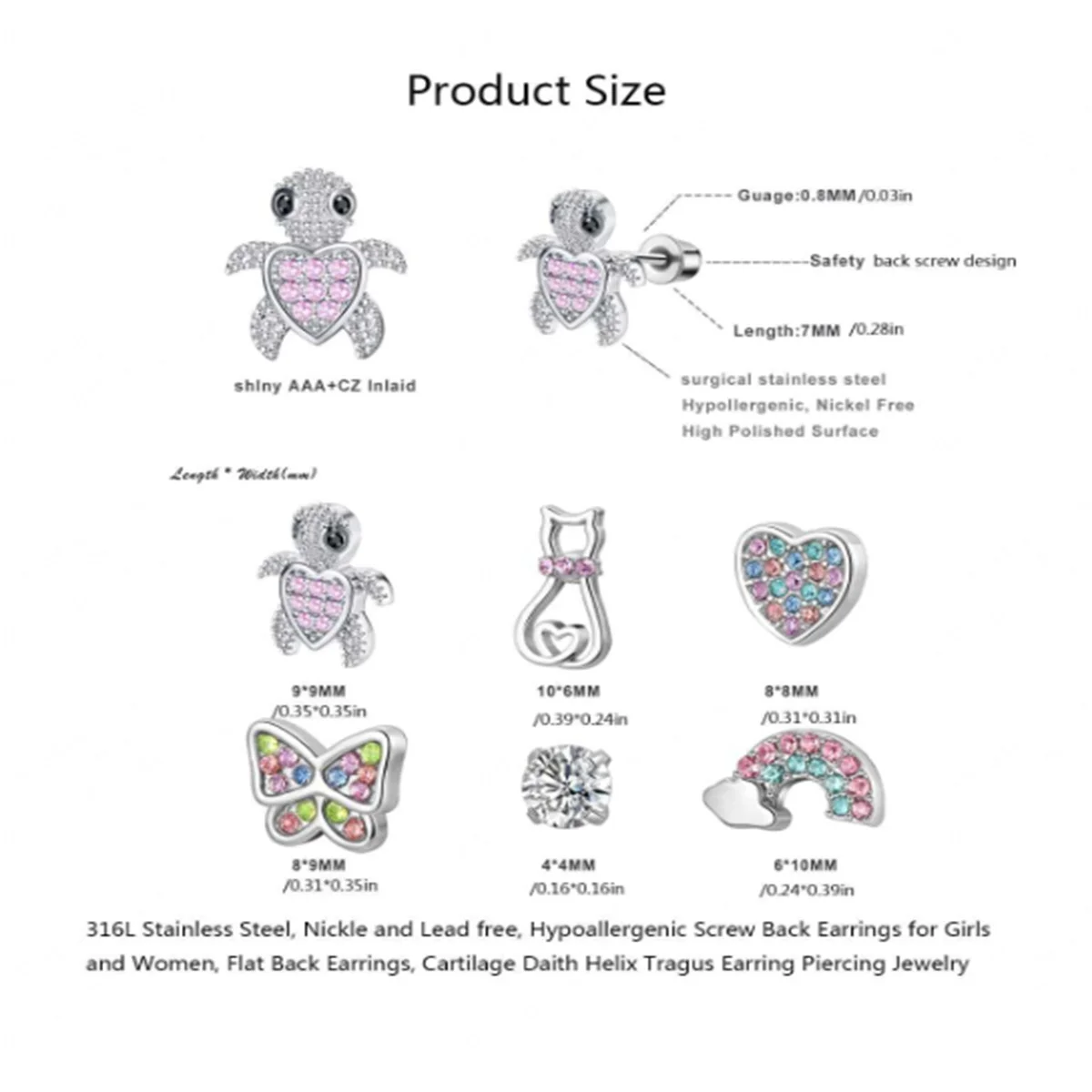 EVISPOL 2-12pcs 316L Stainless Steel Screw Back Stud Earrings Butterfly Heart Flower Cartilage Dath Earrings Piercing Jewelry