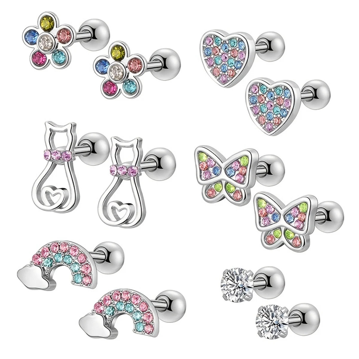 EVISPOL 2-12pcs 316L Stainless Steel Screw Back Stud Earrings Butterfly Heart Flower Cartilage Dath Earrings Piercing Jewelry