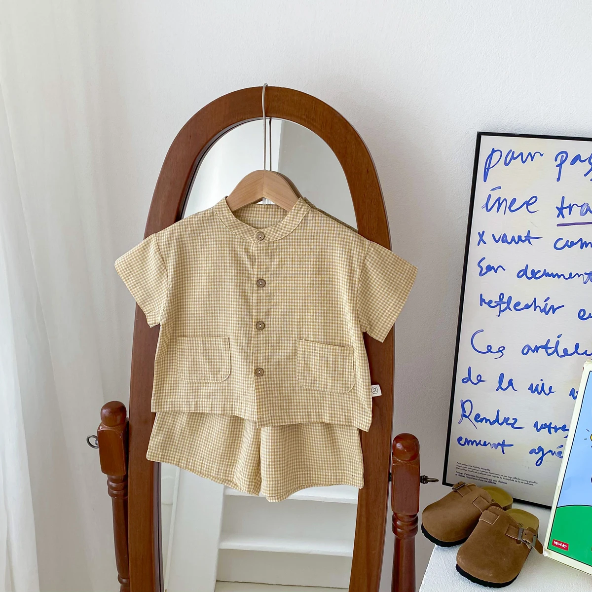 Summer Kids Boys Girls Suit Cotton Checkered Baby Short Shirt with Shorts Two Piece Set Kids Clothes 1-3 Years Old Baby Suit