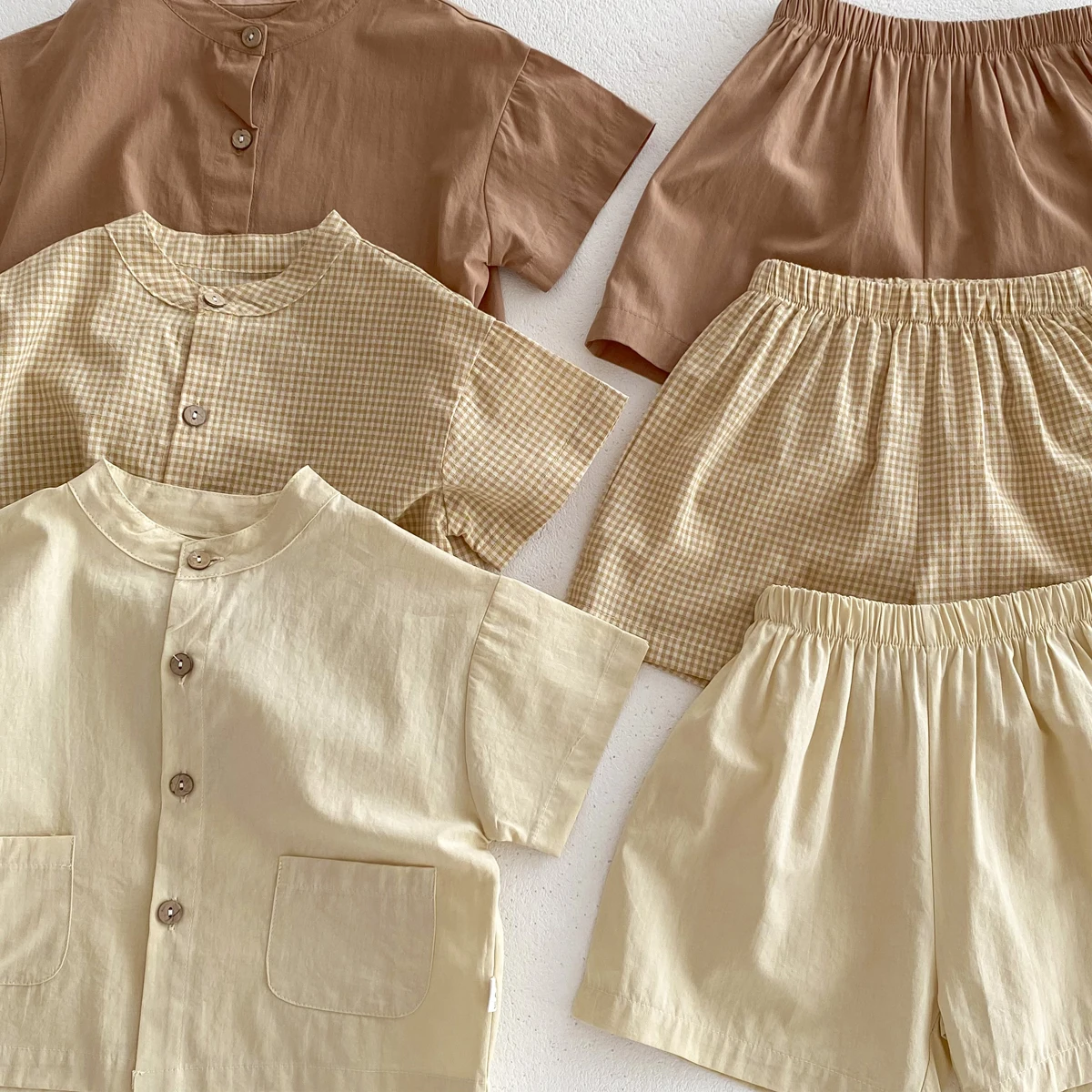Summer Kids Boys Girls Suit Cotton Checkered Baby Short Shirt with Shorts Two Piece Set Kids Clothes 1-3 Years Old Baby Suit