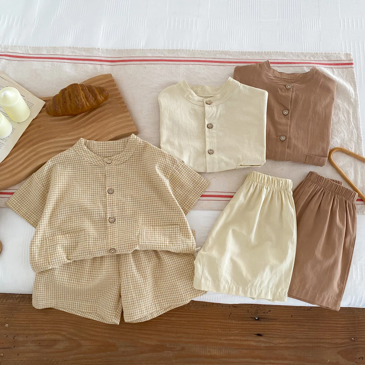Summer Kids Boys Girls Suit Cotton Checkered Baby Short Shirt with Shorts Two Piece Set Kids Clothes 1-3 Years Old Baby Suit