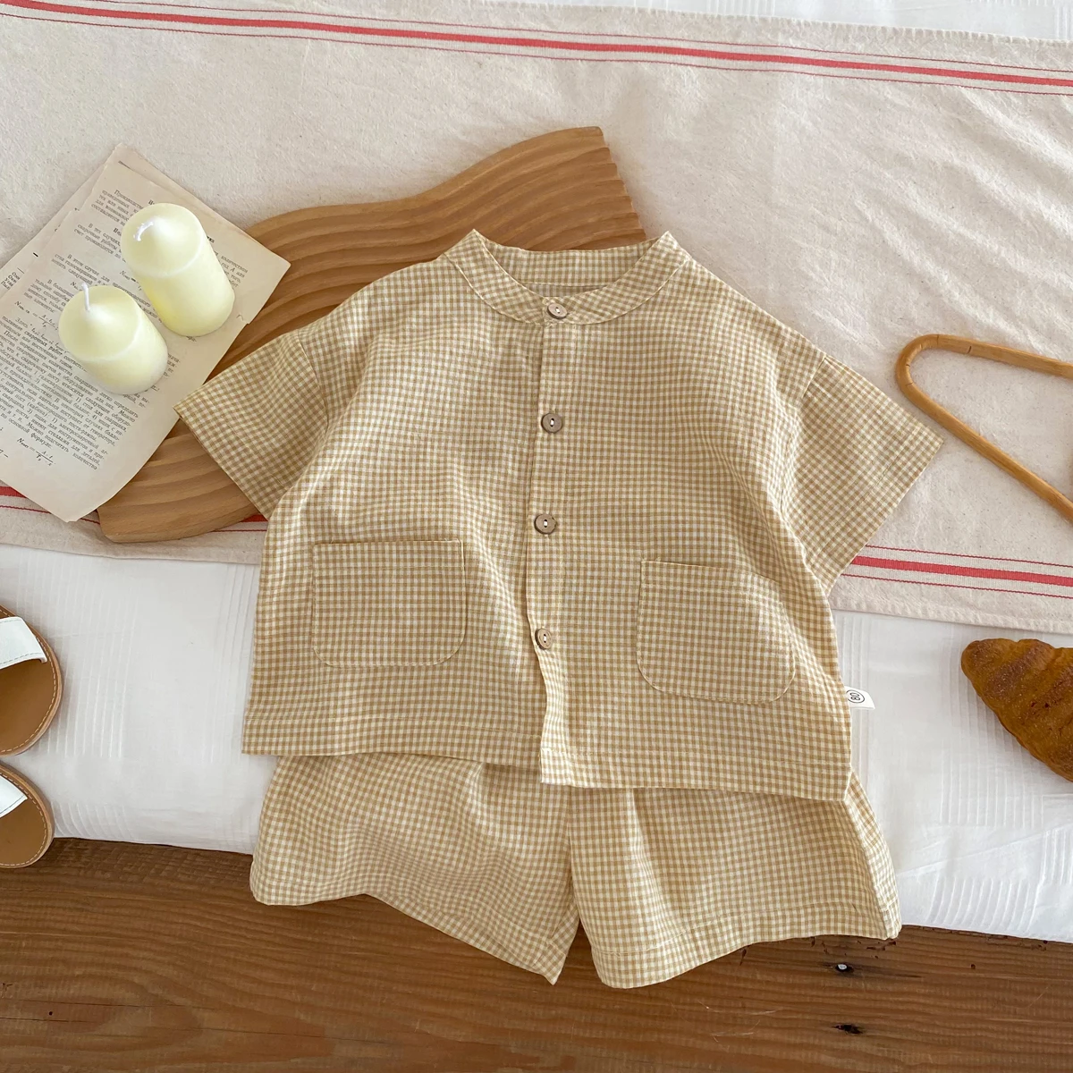 Summer Kids Boys Girls Suit Cotton Checkered Baby Short Shirt with Shorts Two Piece Set Kids Clothes 1-3 Years Old Baby Suit