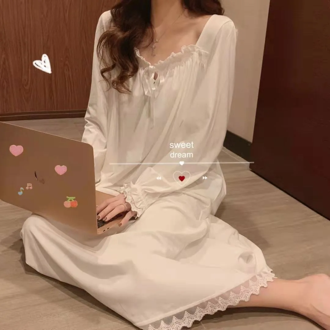 Long Sleeve Princess Style Nightdress Women's Pajamas Lace Palace Korean Version Loose Plus Size 2024 New Homewear Birthday Gift